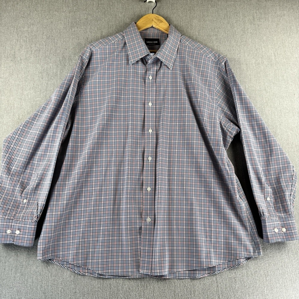Lands End Mens XL Dress Shirt Blue Red Check‎ Stretch Button Down LS